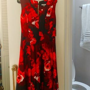 Calvin Klein red flowered dress. Princess line. Brand new, never worn, with tag.